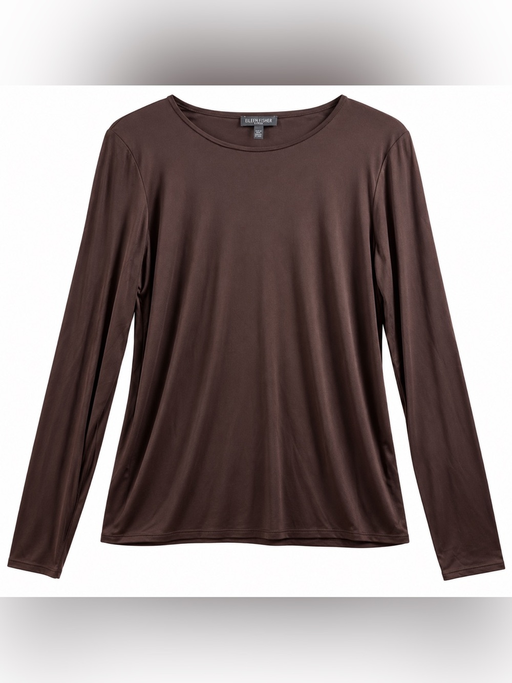 Eileen Fisher Petite PM 100% Silk Brown Long Sleeve Scoop Neck Top